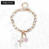 Flamingo Pink Crystal Rose Charms Bracelet in 925 Sterling Silver