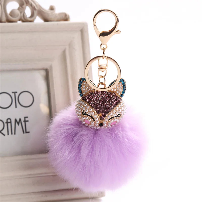 Crystal Fox Fur Keychain Women Trinkets Car Key Chain Key Ring