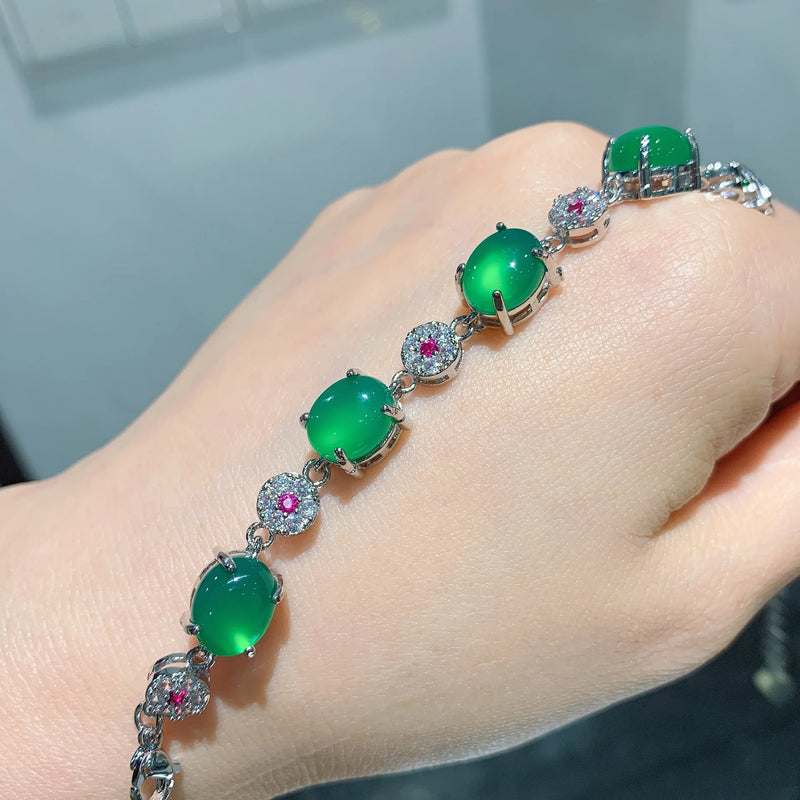 Emerald Bracelet for Women Silver Jade Crystal Bangle Retro Jewelry