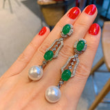 Charms Emerald Pigeon Round High Carbon Stone Pearl Tassel Bell Earrings