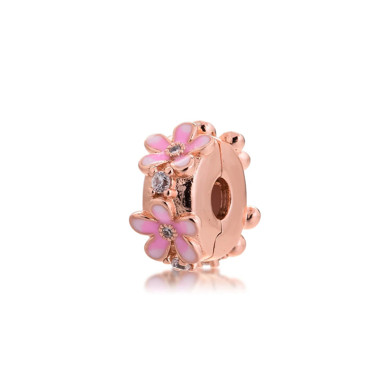 Pink Daisy Spacer Clip Beads - 100% 925 Sterling Silver - Jewelry Gift