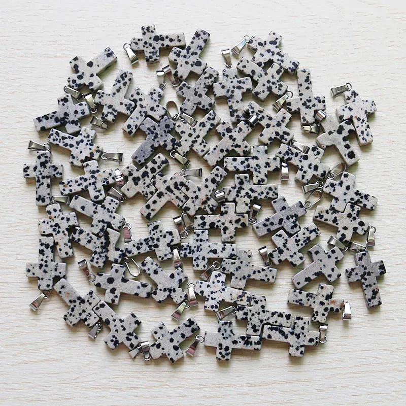 Natural Speckle Stone Cross Beads Pendants DIY Necklace Jewelry Making 30Pcs/Lot
