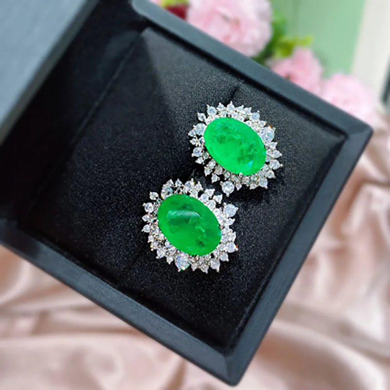 Emerald Paraiba Tourmaline Diamond Stud Earrings Vintage Fine Jewelry