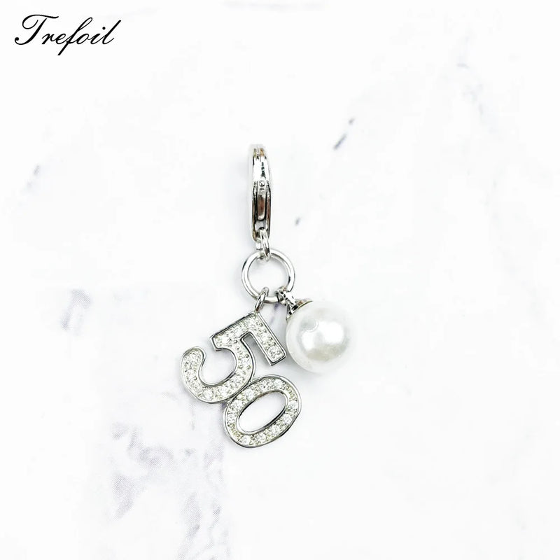 Lucky Number 50 Pendant w/ Pearl 925 Sterling Silver Zirconia Fine Jewelry