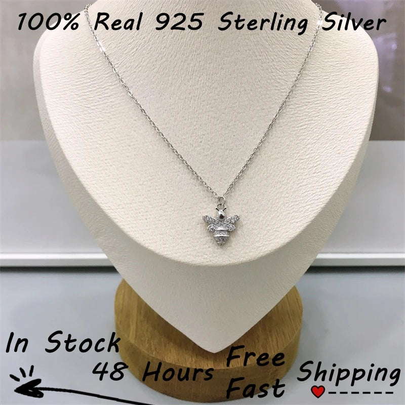 925 Sterling Silver Honey-Bee Zircon Pendant Necklace Anime Collar