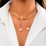 Pearl Tie Bow-Knot Choker Necklace for Women Wedding