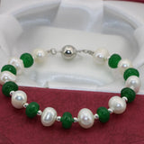 Green Stone Pearl Clasp Bracelet 7.5inch B2742