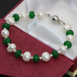 Green Stone Pearl Clasp Bracelet 7.5inch B2742