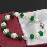 Green Stone Pearl Clasp Bracelet 7.5inch B2742