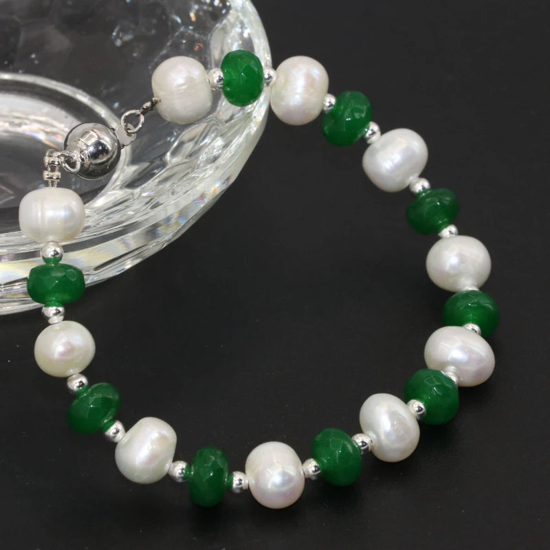 Green Stone Pearl Clasp Bracelet 7.5inch B2742