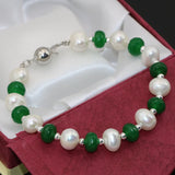 Green Stone Pearl Clasp Bracelet 7.5inch B2742