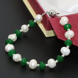 Green Stone Pearl Clasp Bracelet 7.5inch B2742