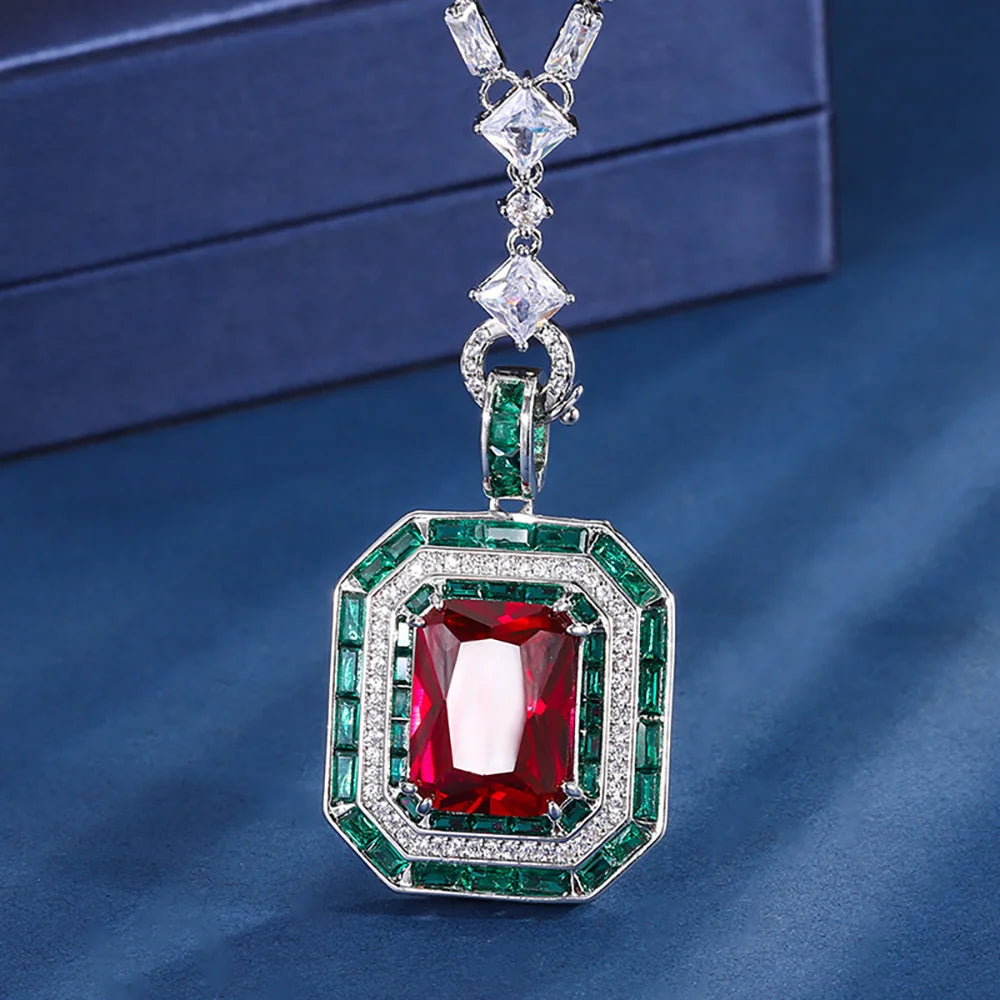 Vintage Emerald Ruby Pendant Chain Necklace for Women