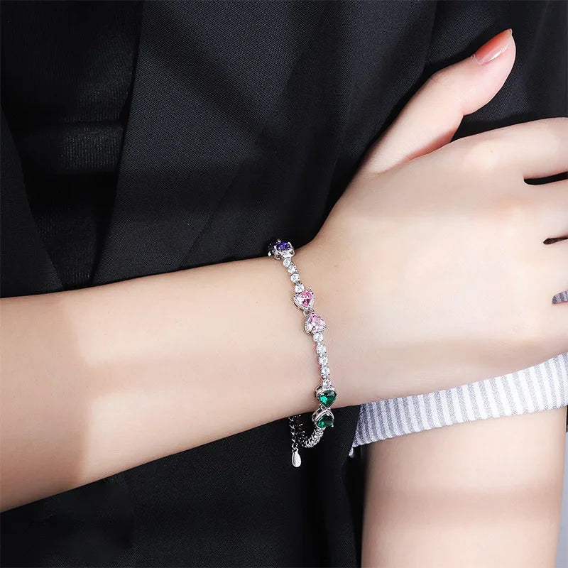 Vintage Heart Love Purple Crystal Pink Stone Bracelet Women Bangle