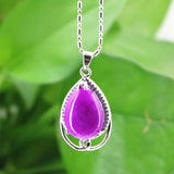 Women Stainless Steel Red Jade Stone Drop Pendant Necklace