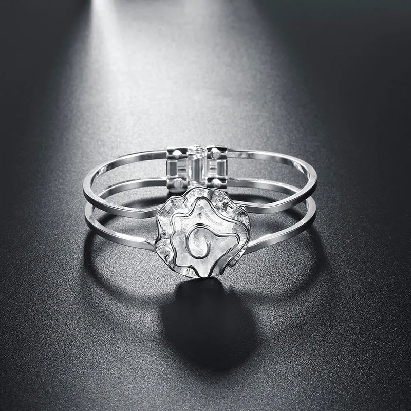 Rose Flower Bangles 925 Sterling Silver Cuff Bracelets for Women