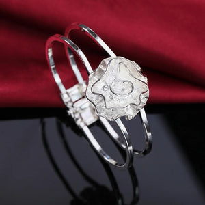 Rose Flower Bangles 925 Sterling Silver Cuff Bracelets