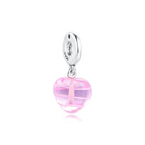 925 Sterling Silver Ribbon Heart Beads with Pink CZ