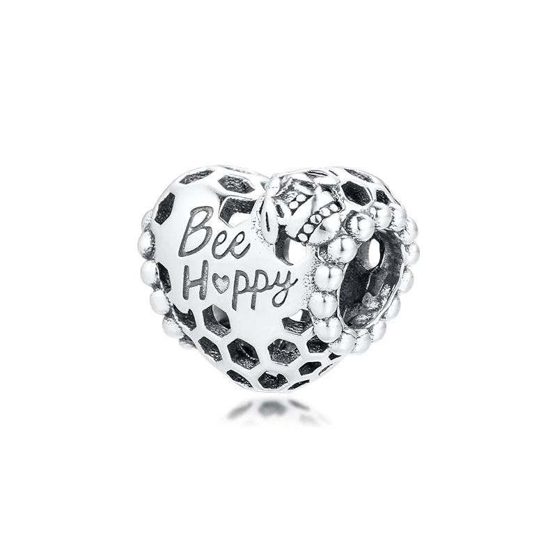 925 Silver Bee Happy Honeycomb Heart Charm for Bracelets Necklaces