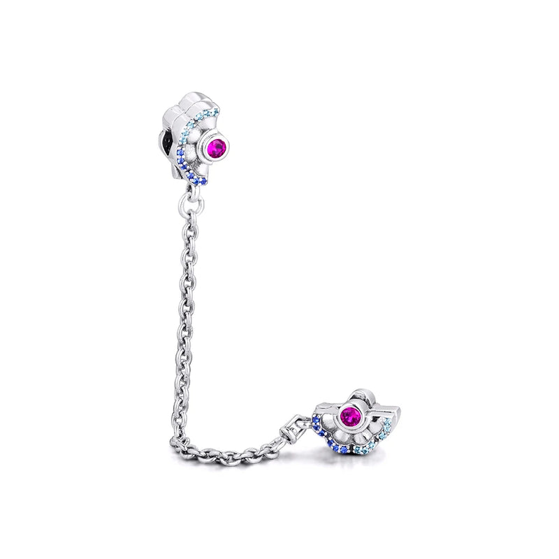 925 Sterling Silver Pink Fan Safety Chain Clip Bead for Bracelet Necklace