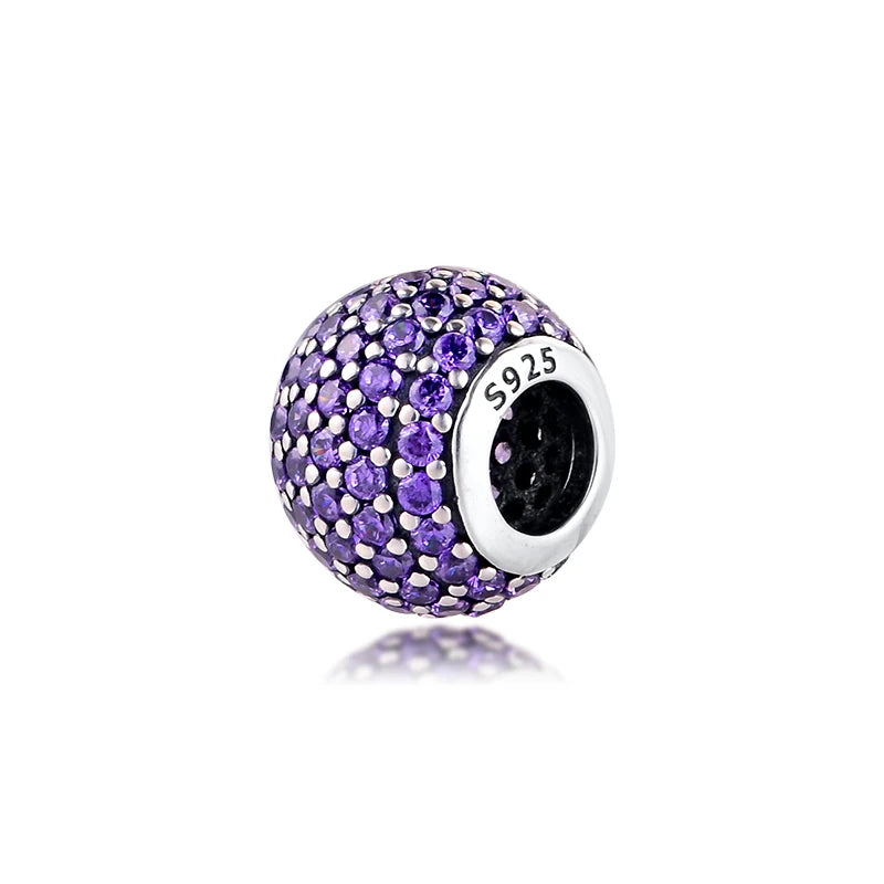 925 Sterling Silver Fancy Purple Pave Lights Bead Charm for Bracelets Necklaces