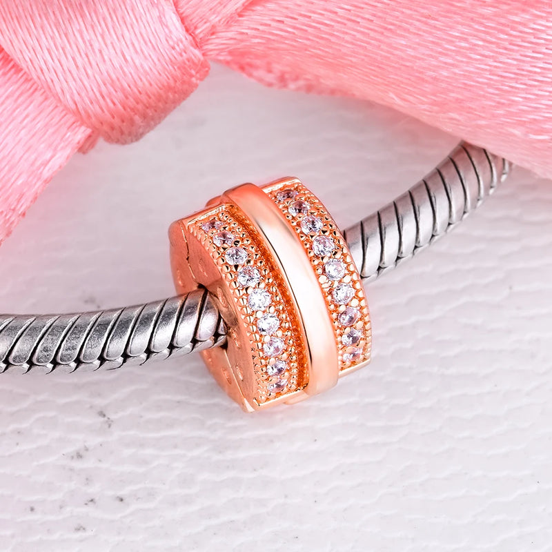 925 Silver Pave Lines Rose Clip Bead Charm for Bracelets Necklaces