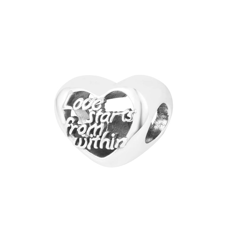 Heart & Script Bead Charms for Bracelets Necklaces 925 Sterling Silver Jewelry