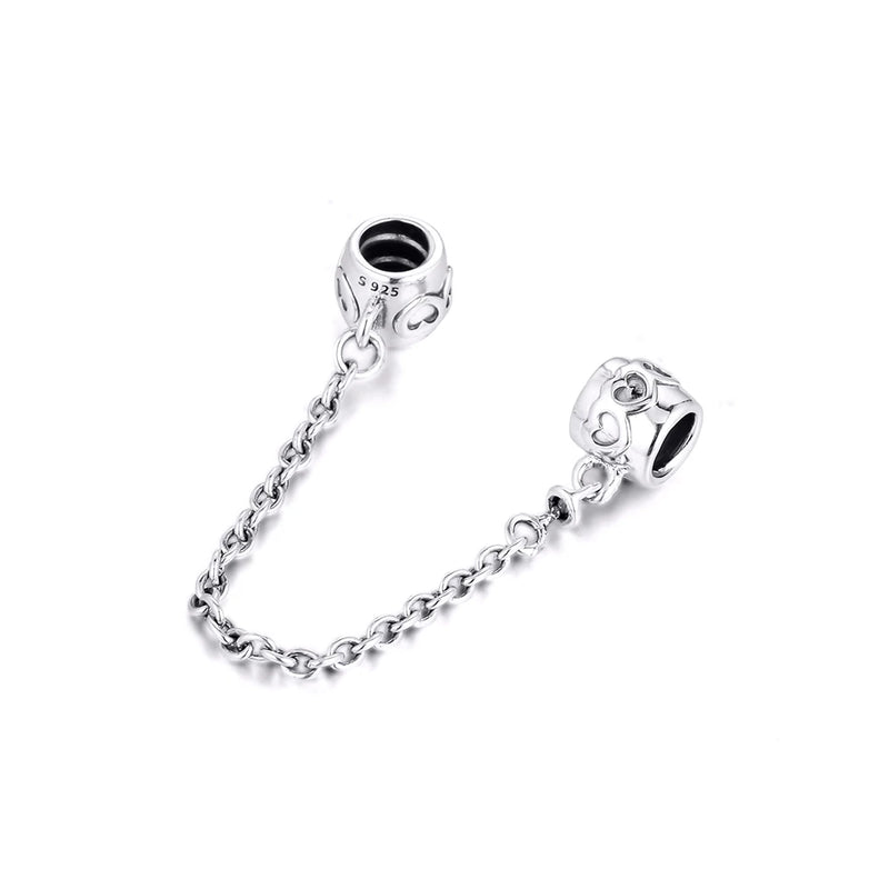 Hearts Safety Chain Beads 100% 925 Sterling-Silver-Jewelry