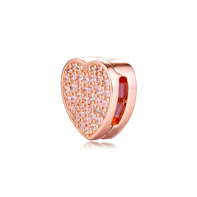 925 Sterling Silver Pave Heart Rose Clip Beads for Charms Bracelets Necklaces