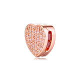 925 Sterling Silver Pave Heart Rose Clip Beads for Charms Bracelets Necklaces