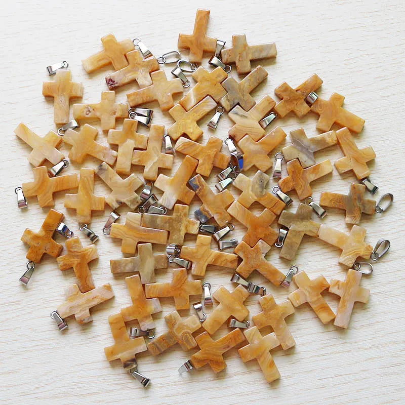 Crazy Agates Stone Cross Beads Pendants for Jewelry Making - 30pcs