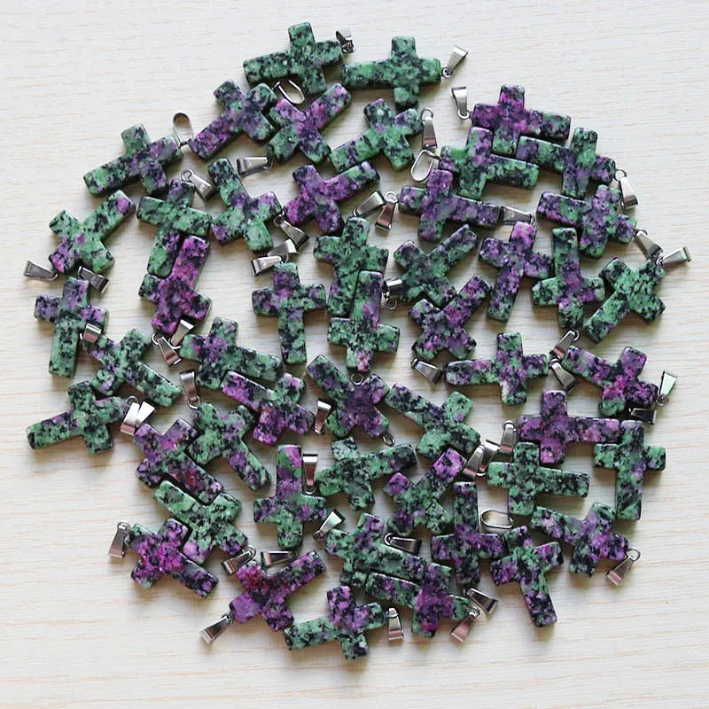 Natural Red Green Stone Cross Beads Pendant DIY Necklace Jewelry Making 30pcs