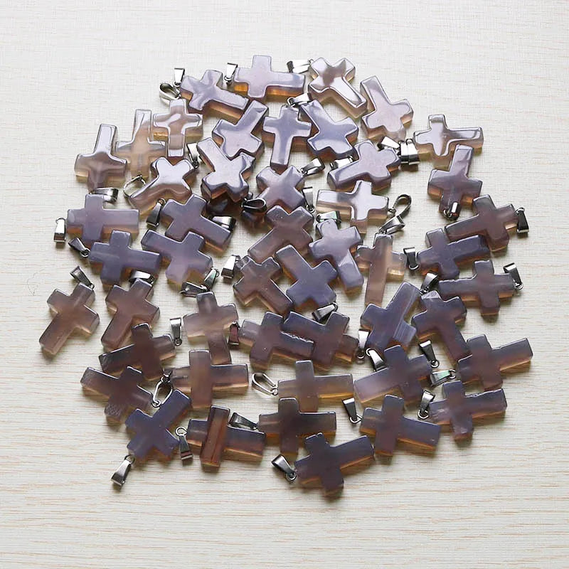 30pcs Gray Agate Stone Cross Beads Pendants for DIY Necklace