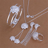 925 Silver Rose Flower Set: Bangle Bracelets Rings Necklaces