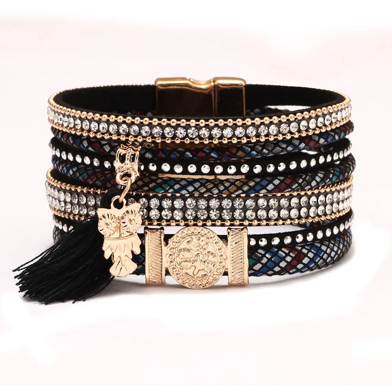 Rhinestone Owl Pendant Wide Bracelet for Women