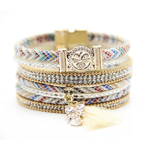 Rhinestone Owl Pendant Wide Bracelet for Women
