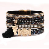 Rhinestone Owl Pendant Wide Bracelet for Women