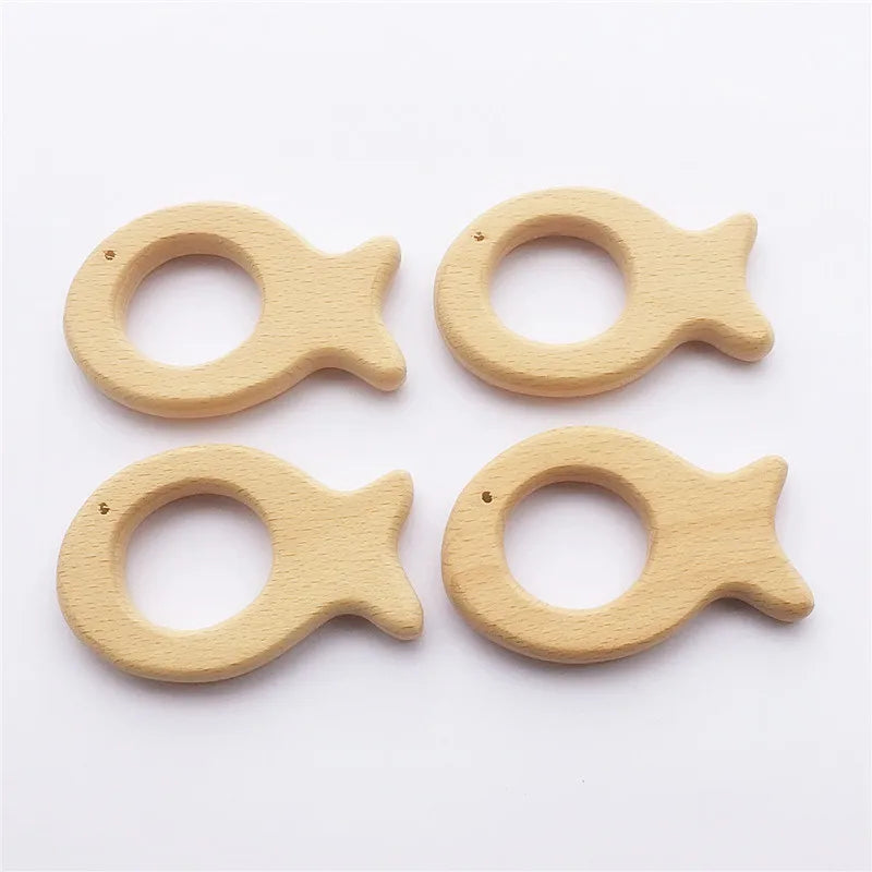 Chenkai 10pcs Organic Baby Wood Fish Teether Natural Teething Grasping Toy