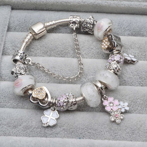 Cherry Blossoms Pendant Charm Bracelets with Love Heart