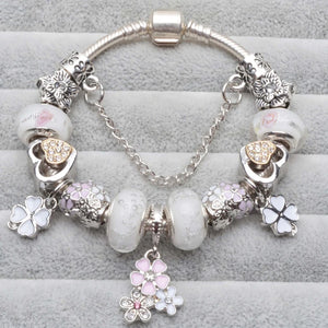 Cherry Blossoms Pendant Charm Bracelets with Love Heart