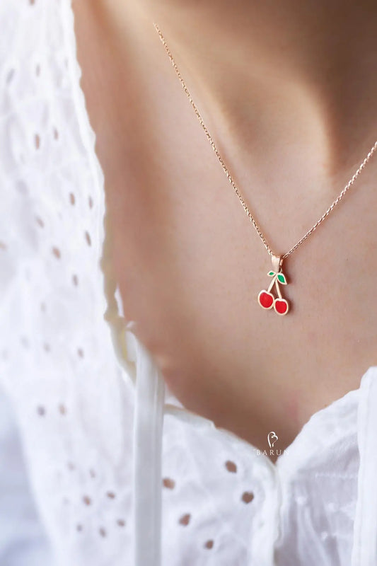 Cherry Fruit Necklace 925 Sterling Silver Enamel Pendant Necklace for Kids