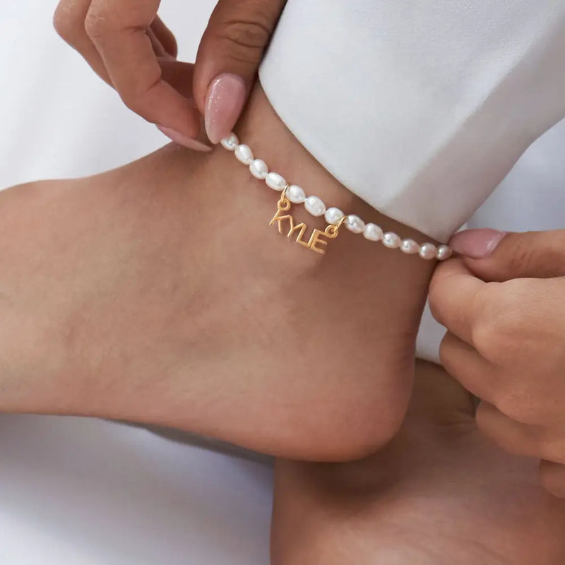 Chiara Pearl Name Anklet in Vermeil Stainless Steel Alphabet Letter Anklets
