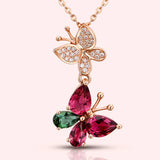 Butterfly Red Green Crystal Zircon Diamonds Pendant Necklace 18k Rose Choker