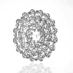 Hollow Wings Pearl Brooch Round Shape Rhinestone Silver Crystal Jewelry