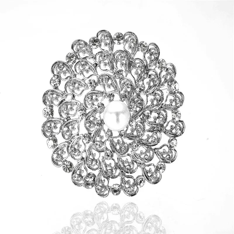 Hollow Wings Pearl Brooch Round Shape Rhinestone Silver Crystal Jewelry