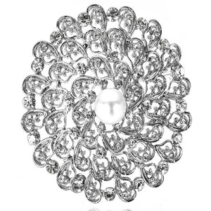 Hollow Wings Pearl Brooch Round Shape Rhinestone Silver Crystal Jewelry