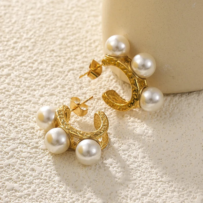 Textured Pearl Hoop Earring Stainless Steel Japan Kpop Thick Ear Women Jewelry