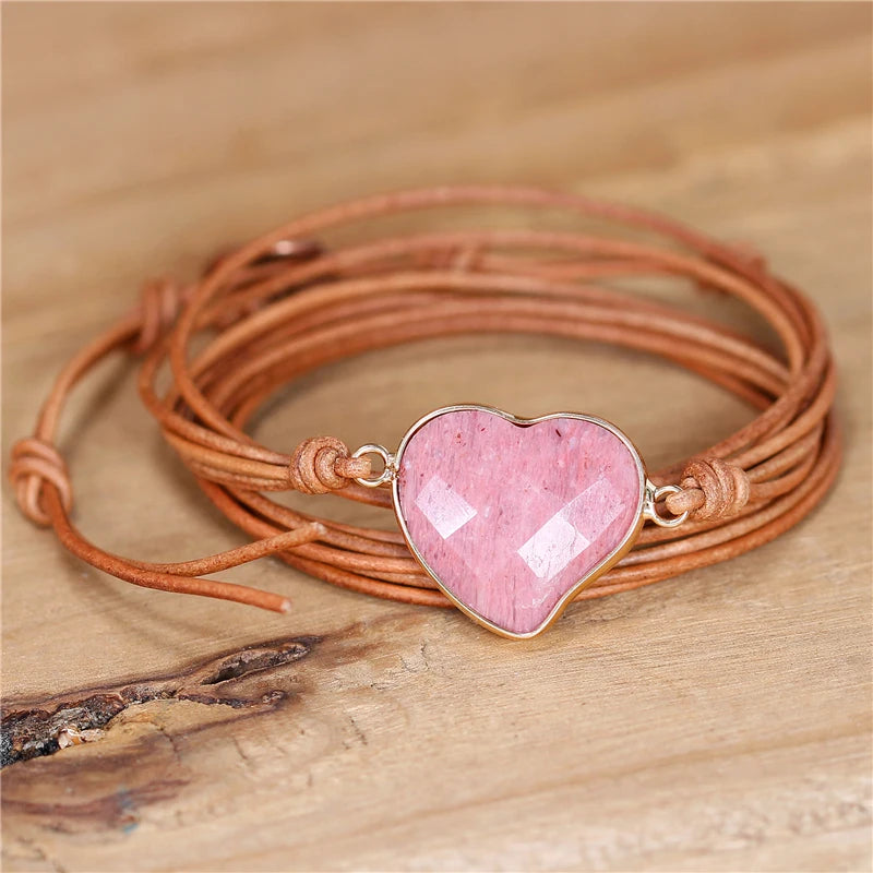 Rhodonite Heart Charm Leather Wrap Bracelet Vintage Jewelry