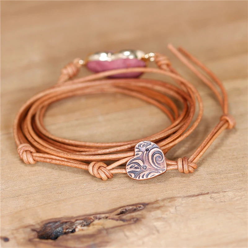 Rhodonite Heart Charm Leather Wrap Bracelet Vintage Jewelry