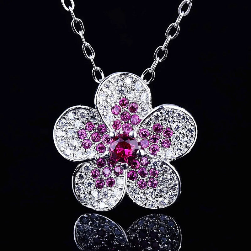 Plum Blossom Flowers Red Diamonds Gemstones Pendant Necklace Choker